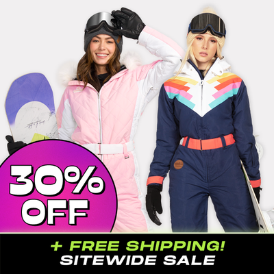 shop ski and snow suits - 30% off - models wearing women's powder pink snow suit and women's Santa Fe shredder snow suit