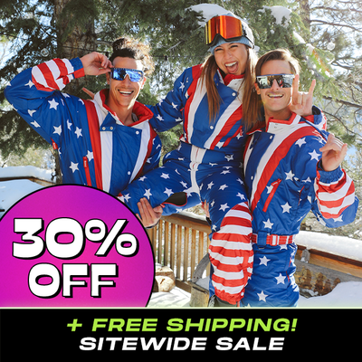 shop ski & snow suits - 30% off of everything - models wearing men's and women's Americana snow suits