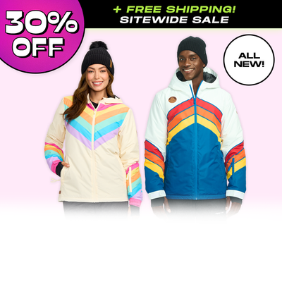 shop snow jackets - 30% off models wearing women's retro rainbow snow jacket and men's paving way's snow jacket