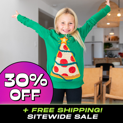 shop christmas - 30% off of everything - model wearing girl's pizza tree sweater