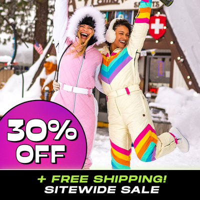 shop women's snow suits - 30% off of everything - models wearing women's powder pink snow suit and women's retro rainbow snow suit