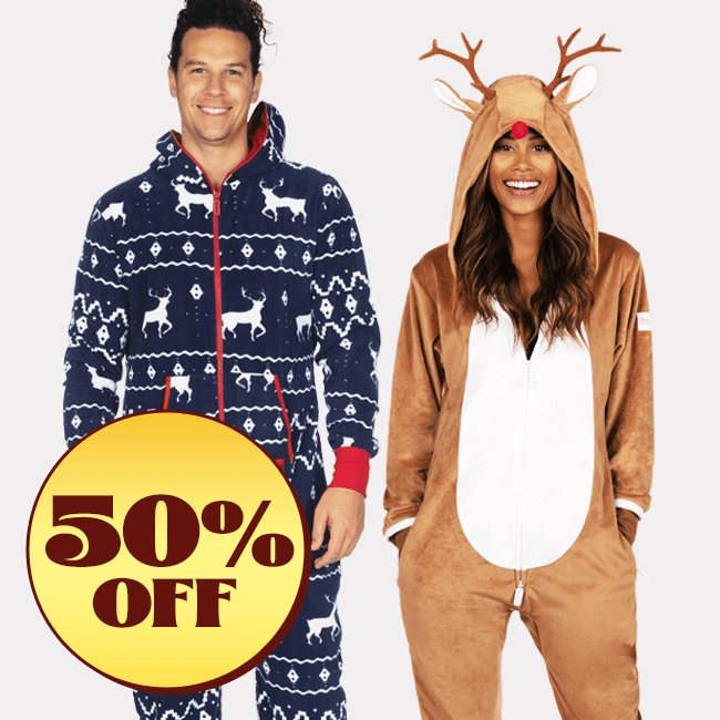 shop christmas onesies - image of models wearing men's blue reindeer jumpsuit and women's rudolph jumpsuit