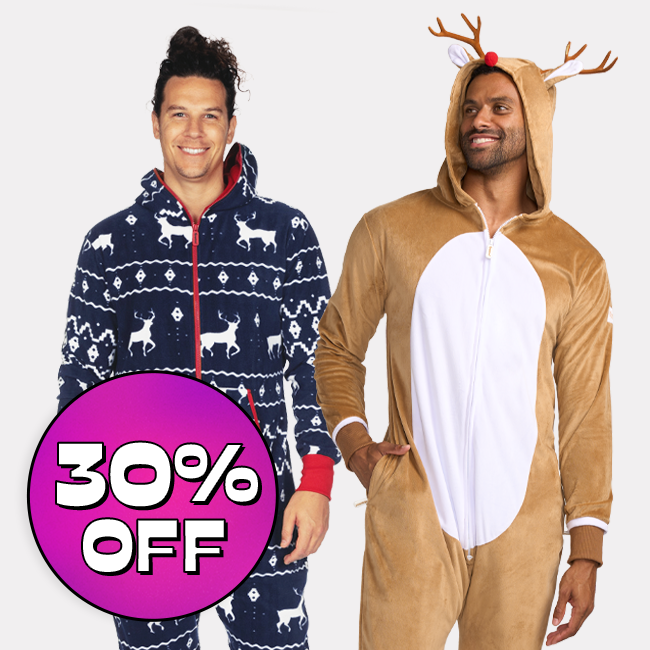 shop 30% off christmas onesies - image of models wearing men's blue reindeer jumpsuit and men's rudolph jumpsuit