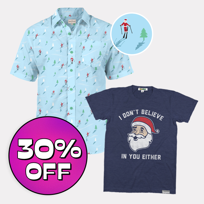 shop 30% off christmas tees - image of men's skiing santa button down shirt and men's dont believe in you either tee