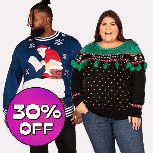 shop 30% off plus size sweaters - image of models wearing men's santas log on fire big and tall ugly christmas sweater and women's tassel tree plus size ugly christmas sweater 