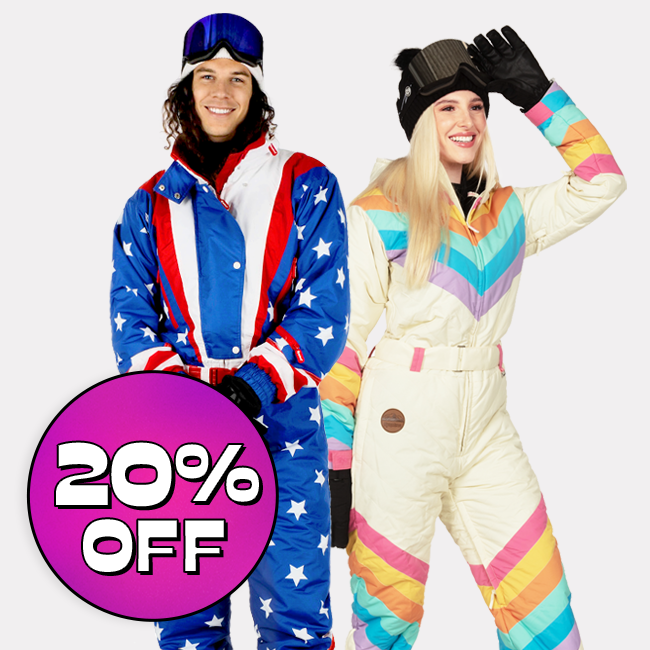 shop 20% off snow suits - image of models wearing men's americana snow suit and women's retro rainbow snow suit