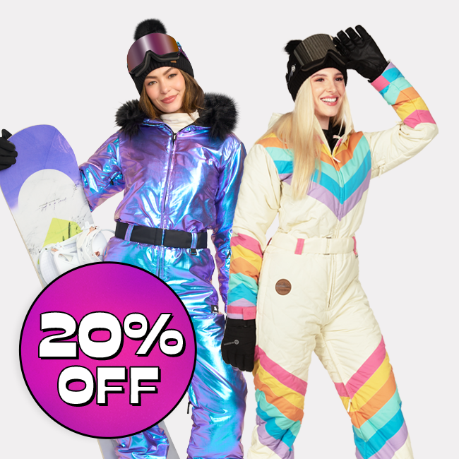 shop 20% off snow suits - image of models wearing women's iridescent Iris snow suit and women's retro rainbow snow suit