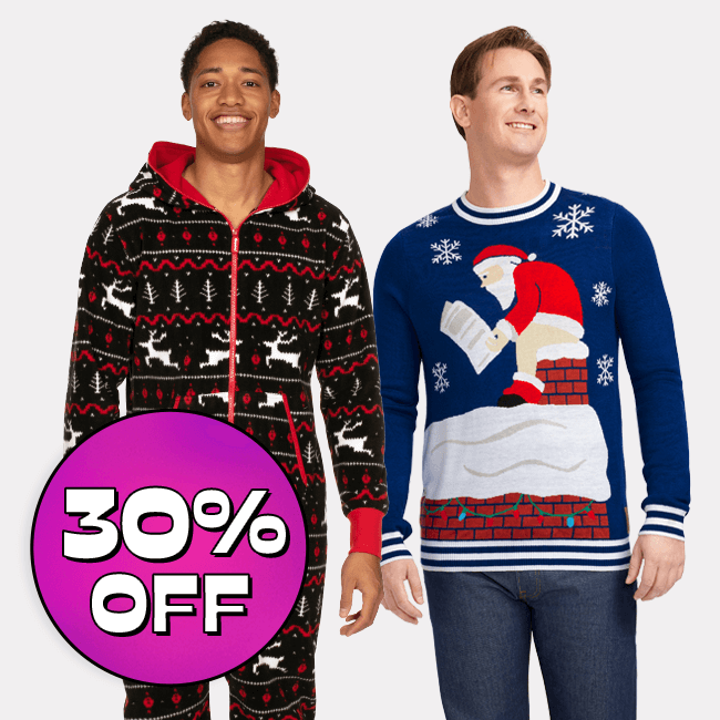 shop 30% off mens christmas - image of models wearing men's black and red fair isle jumpsuit and men's santas log on fire ugly christmas sweater