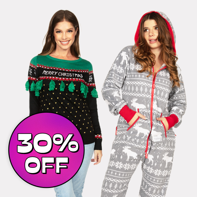 shop 30% off women's christmas - image of models wearing womens tassel tree ugly christmas sweater and women's grey moose jumpsuit
