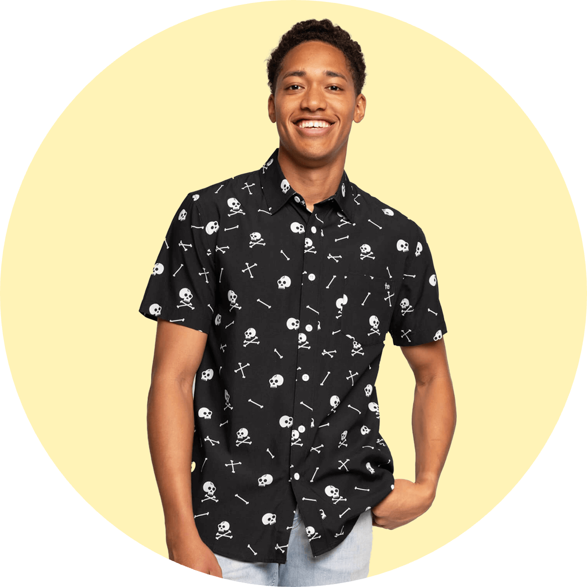 shop halloween clothing - image of model wearing men's skeleton button down shirt