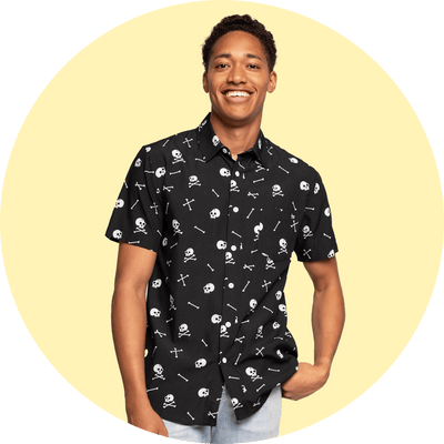 shop halloween clothing - image of model wearing men's skeleton button down shirt