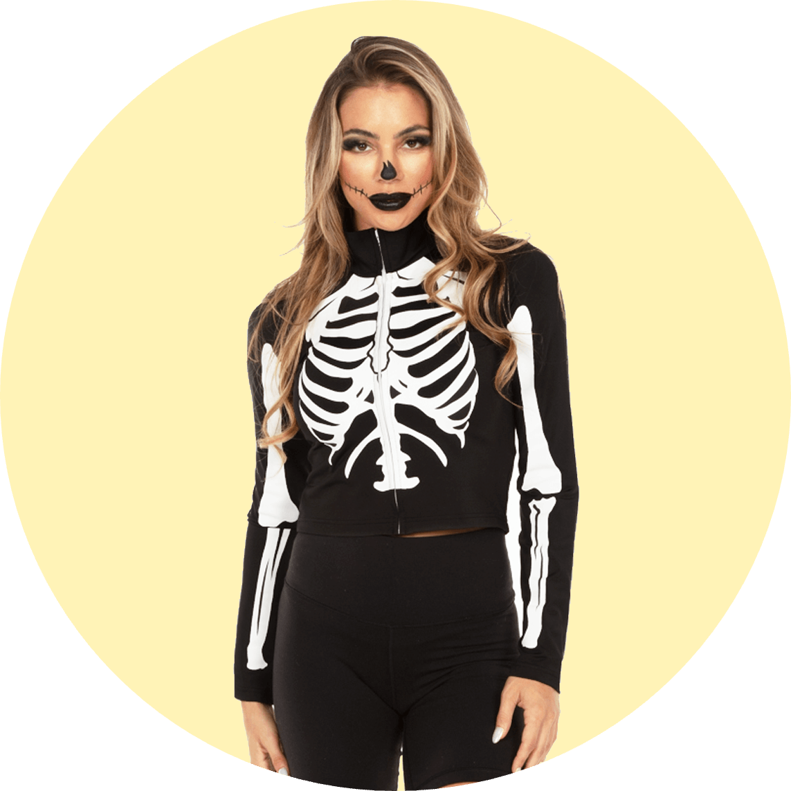 shop halloween clothing - image of model wearing womens long sleeve skeleton crop top