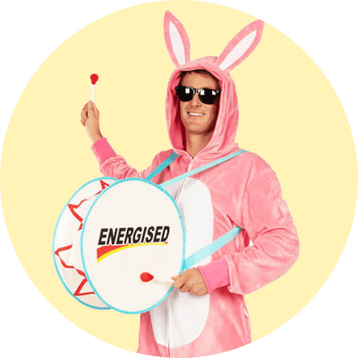 shop funny costumes - image of model wearing men's energetic bunny costume