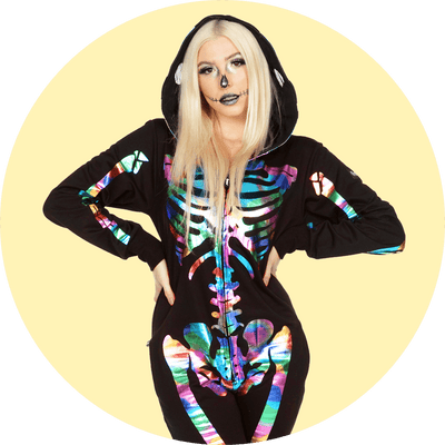 shop womens costumes - image of model wearing women's iridescent skeleton costume