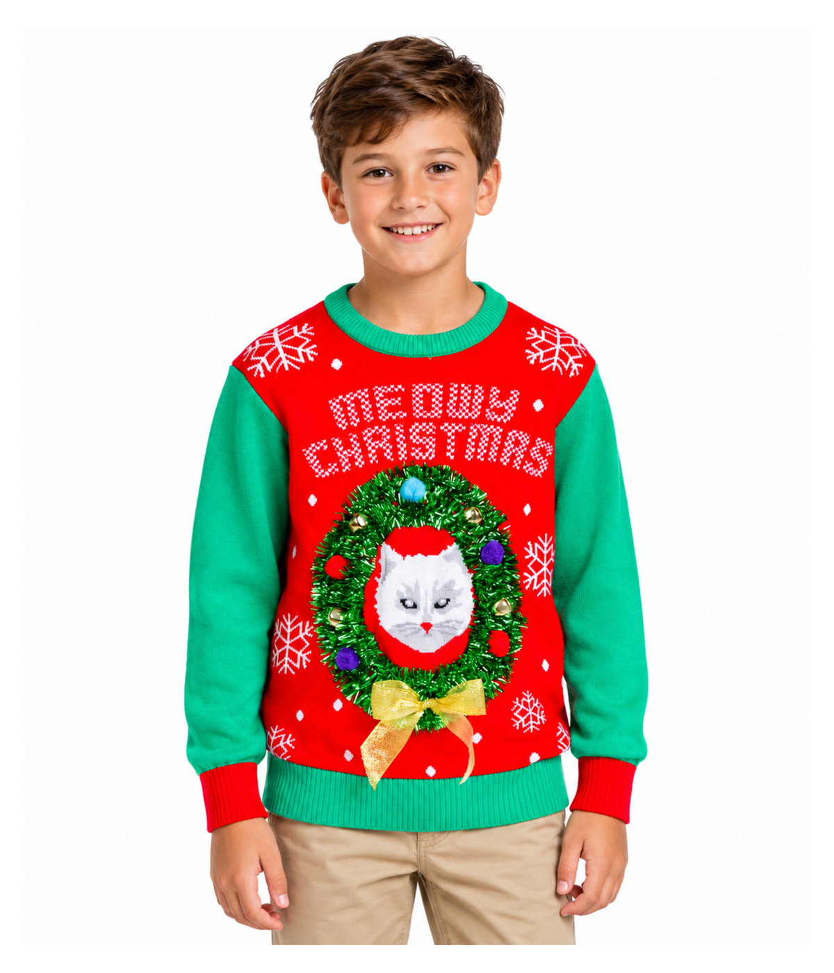 Boy's Cat in Wreath Ugly Christmas Sweater
