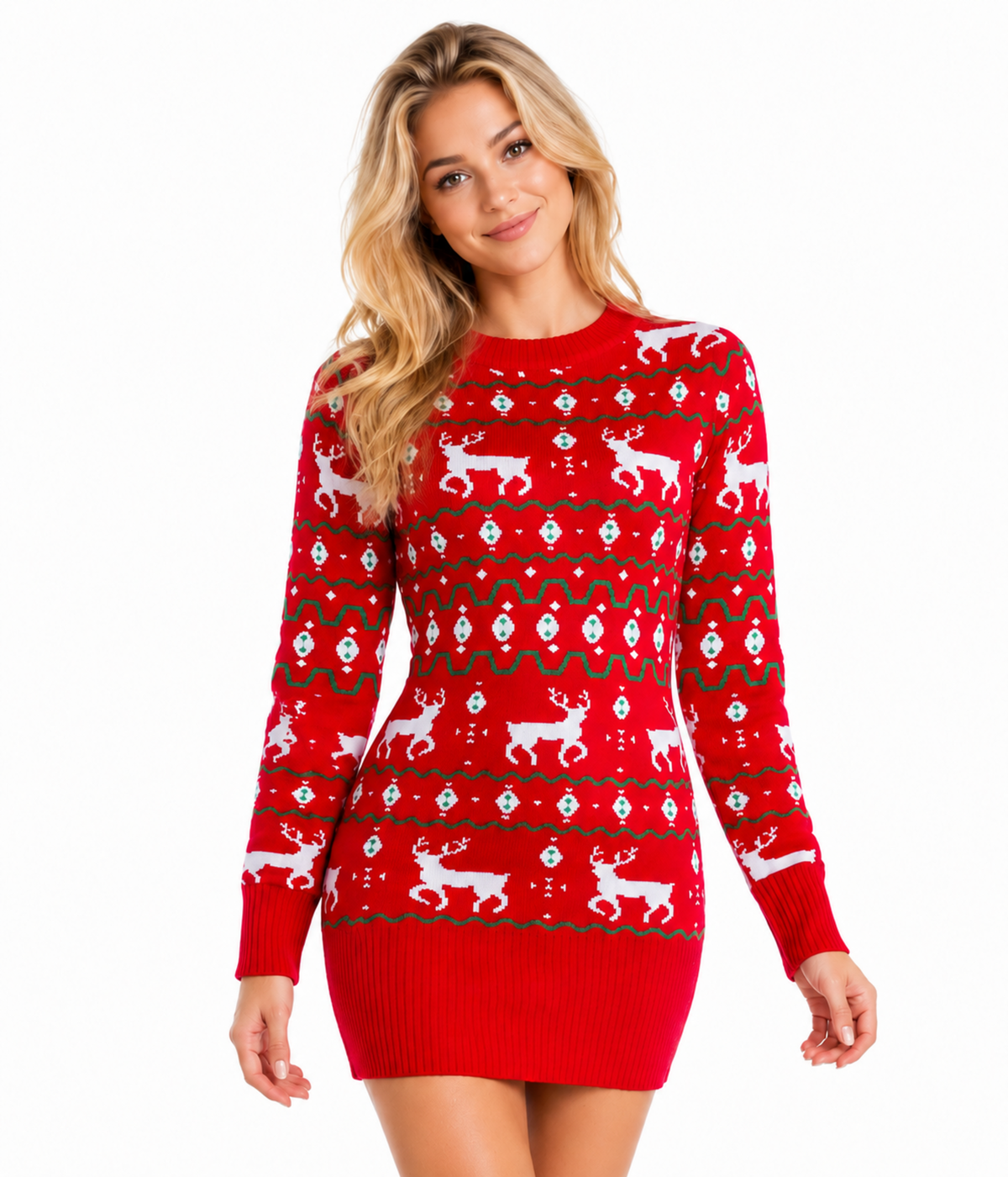 Women's Red Reindeer Sweater Dress