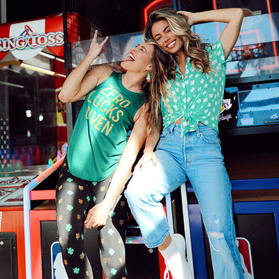 shop st. paddys day - image of models wearing women's zero lucks given tank top and Women's Minty Mama Button Down Shirt