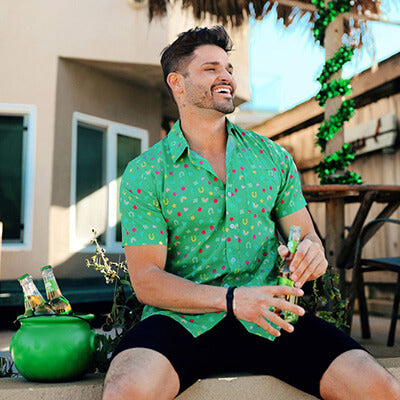 shop st. Patricks day - image of man wearing lucky charmer button down shirt