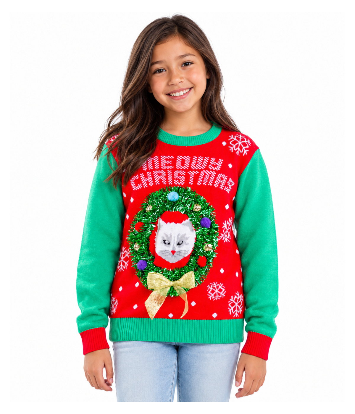 Girl's Cat in Wreath Ugly Christmas Sweater