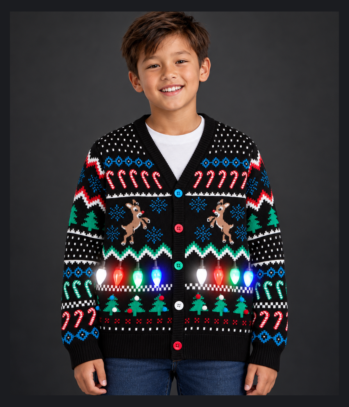 Boy's Fair Isle Rudolph Light Up Christmas Cardigan Sweater