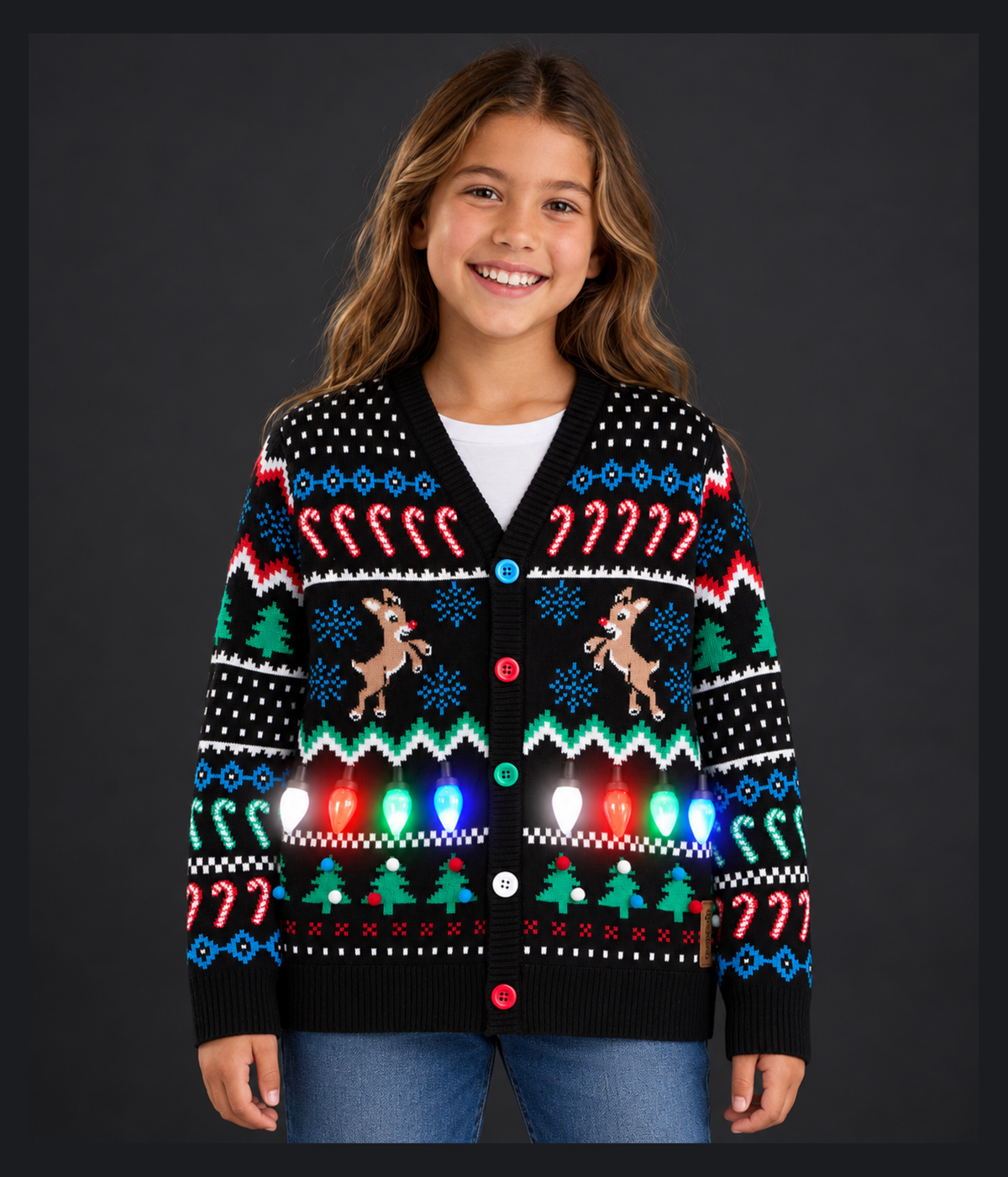 Girl's Fair Isle Rudolph Light Up Christmas Cardigan Sweater