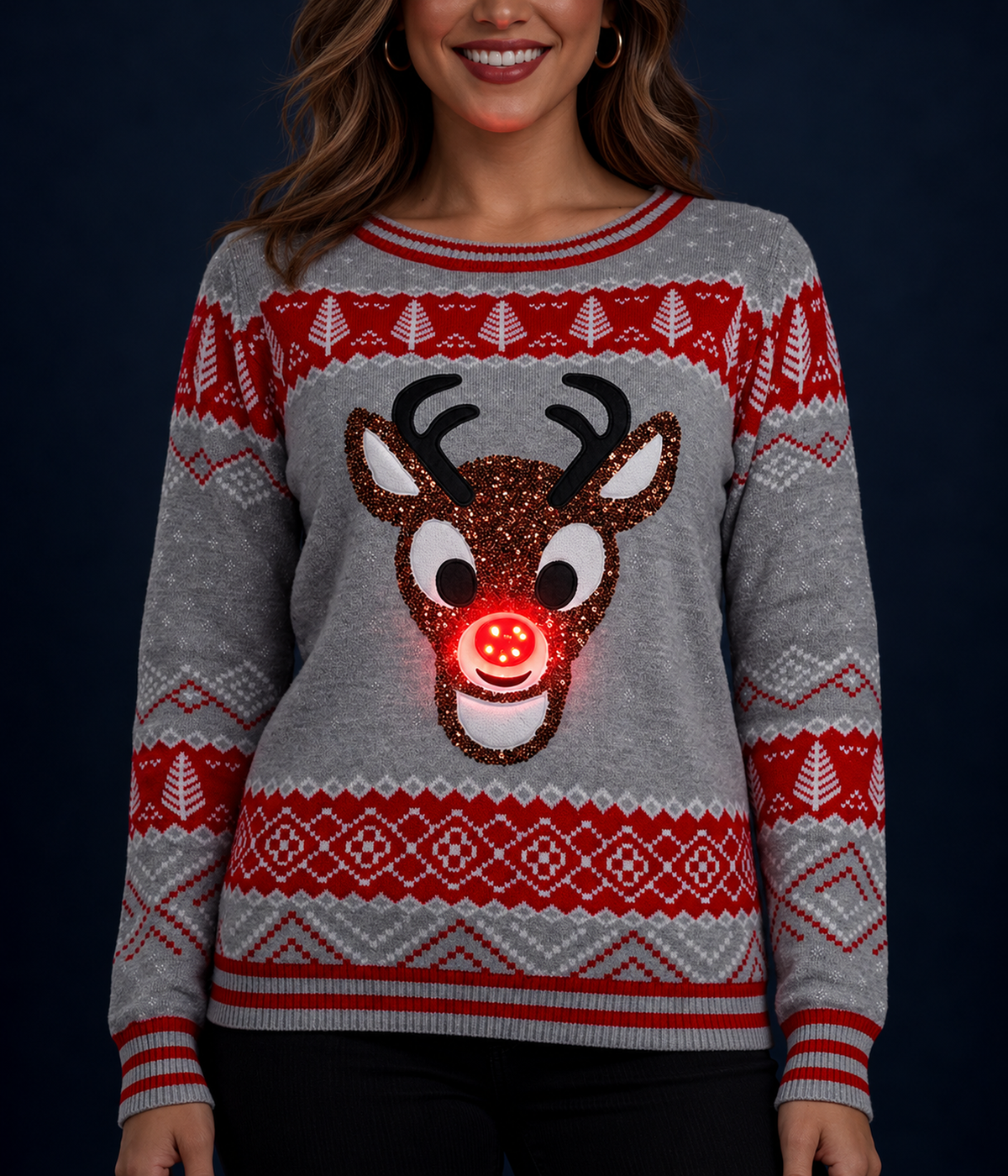 Women's Sequin Rudolph Light Up Ugly Christmas Sweater
