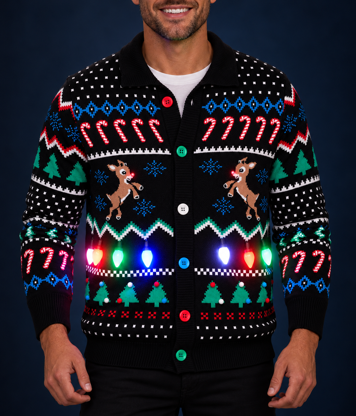 Men's Fair Isle Rudolph Light Up Christmas Cardigan Sweater