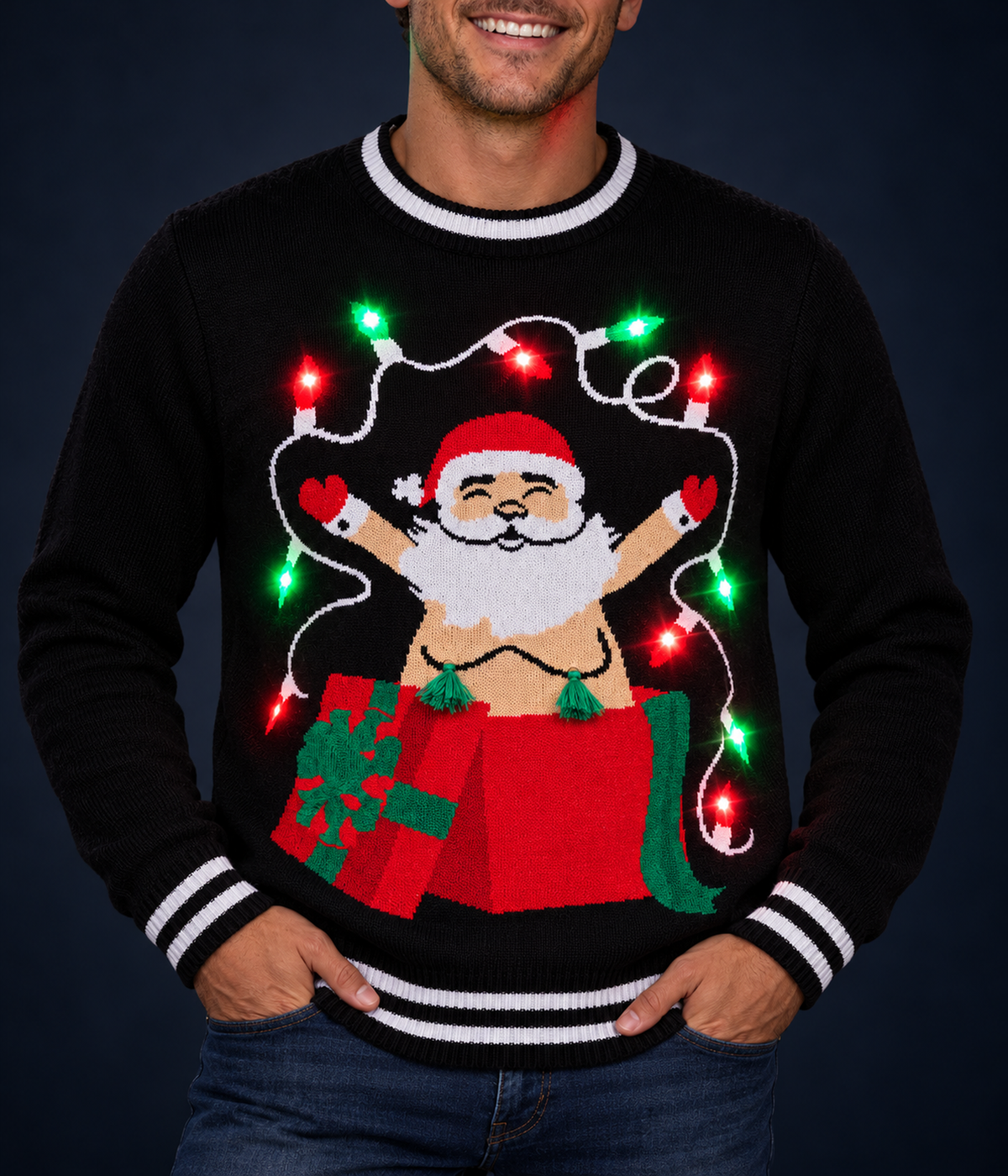 Men's Yuletide Tassels Light Up Ugly Christmas Sweater
