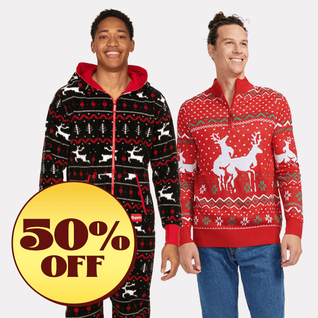 shop mens christmas clothing - image of models wearing men's black and red faire isle jumpsuit and men's reindeer climax ugly christmas sweater