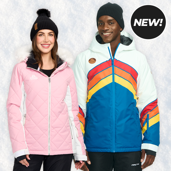 shop snow jackets - models wearing women's powder pink snow jacket and men's paving ways snow jacket