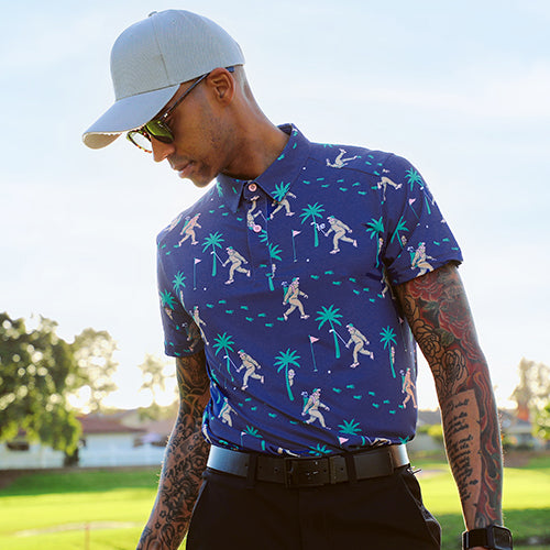 shop golf - model wearing men's bigfoot bogey golf polo