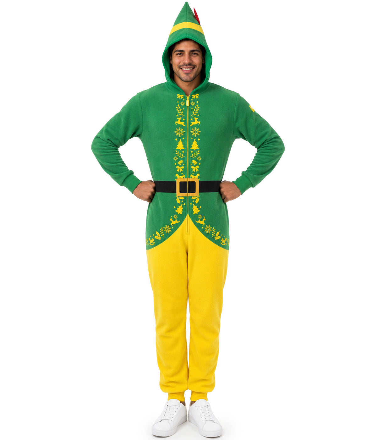 Men's Buddy the Elf Jumpsuit with Elf Hat Hood