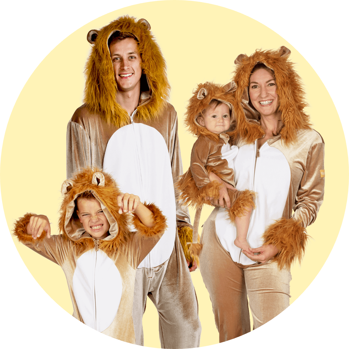 shop family costumes - image of family wearing lion costumes