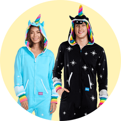 shop couples costumes - image of models wearing womens unicorn costume and mens nightmare unicorn costume