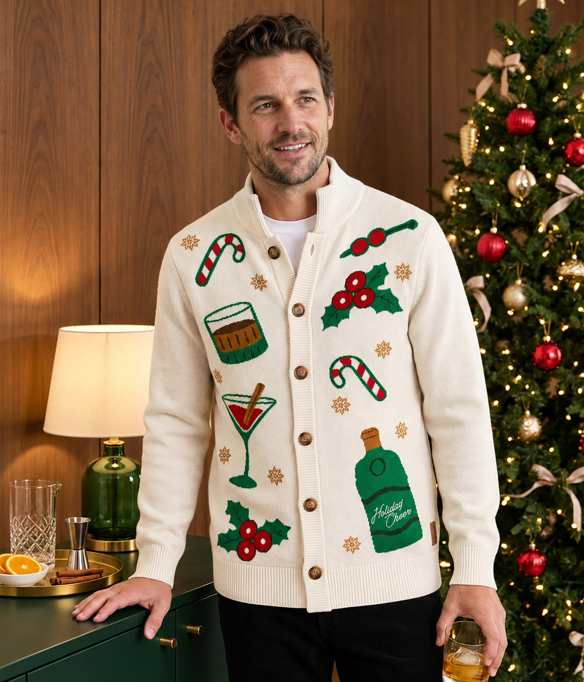 Men's Christmas Cocktail Mock Neck Cardigan Sweater