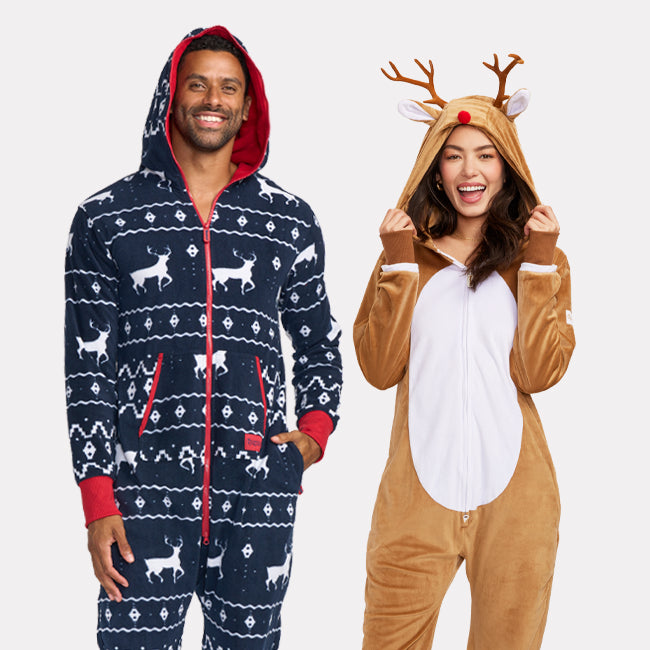 shop onesies - men's blue reindeer jumpsuit and women's rudolph jumpsuit