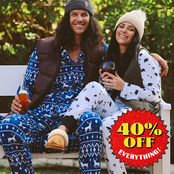 shop pajamas - men's blue reindeer pajama set and women's beary christmas pajama set