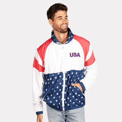 shop 80's retro - image of model wearing usa windbreaker