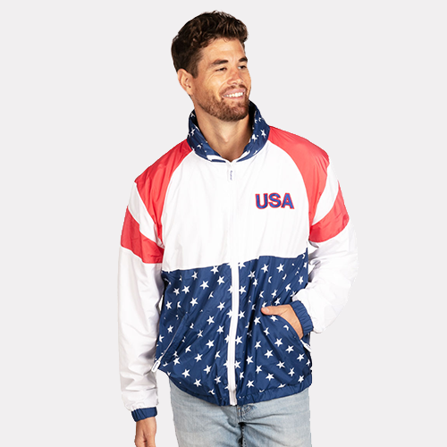 shop jackets - image of model wearing men's USA Windbreaker Jacket