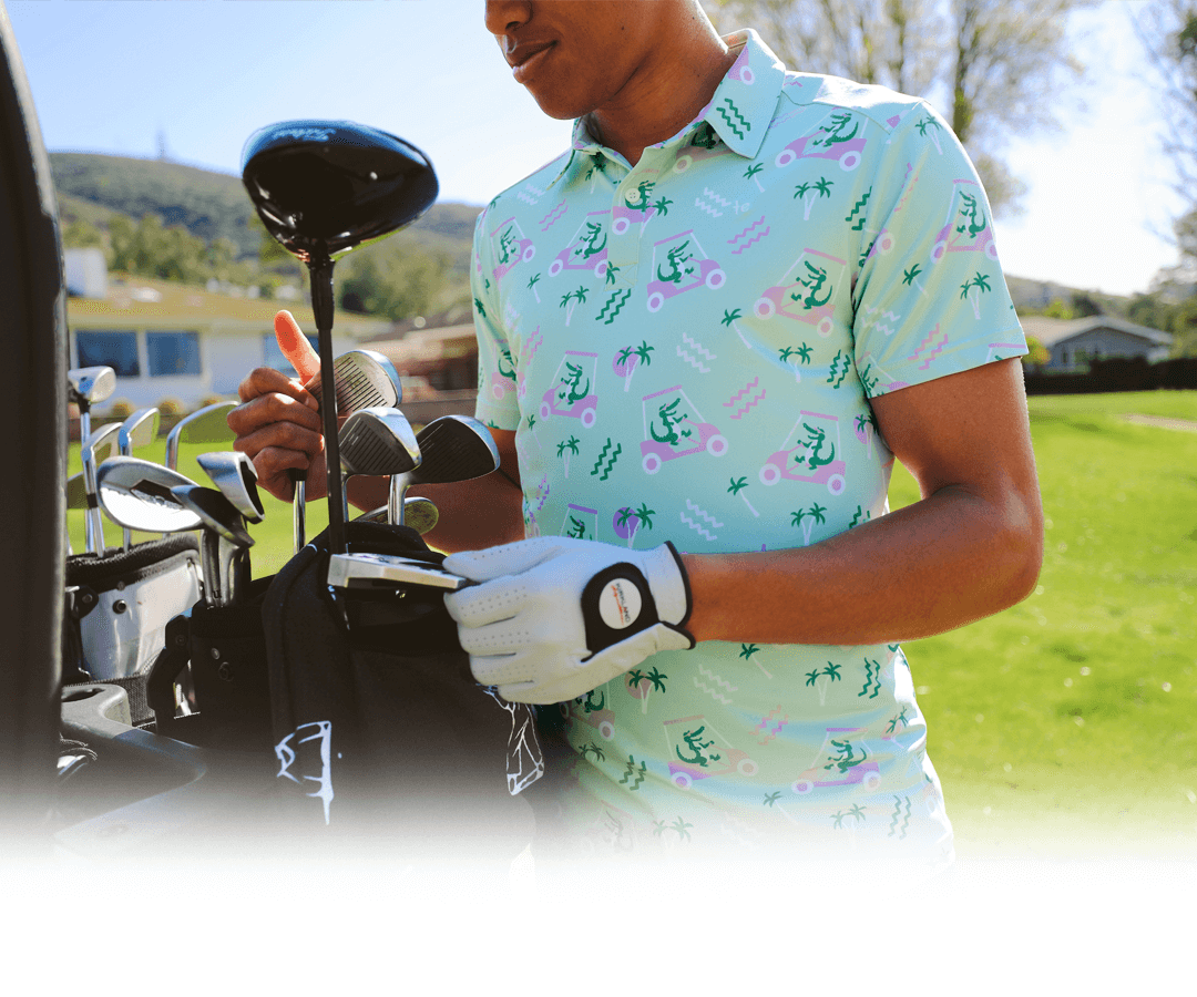 shop golf - model wearing men's golf cart gator golf polo