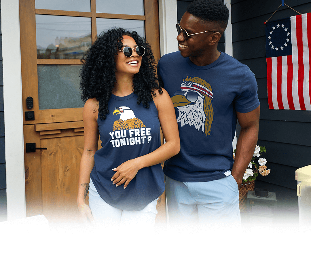 shop patriotic - models wearing men's epic eagle tee and women's you free tonight tank top