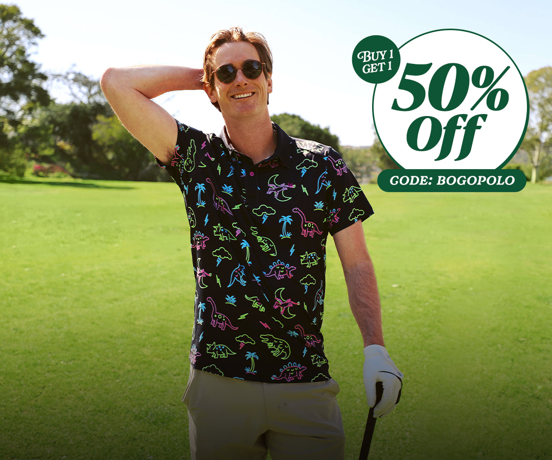 shop golf polos - men's neon dinosaur golf polo (BOGO - buy one polo, get one polo 50% off)