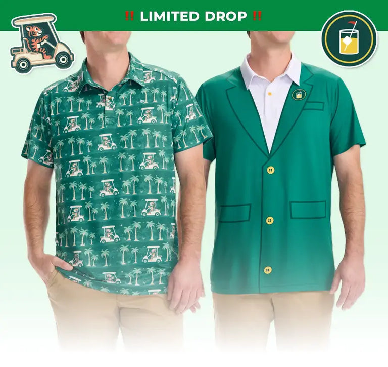 shop limited drop - men's tiger in the woods golf polo and men's green blazer golf polo