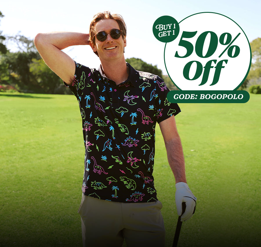 shop golf polos - men's neon dinosaur golf polo (BOGO - buy one polo, get one polo 50% off)