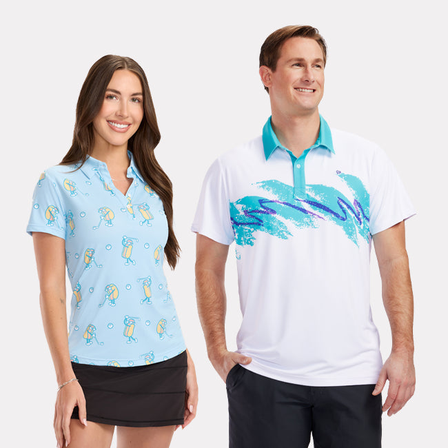 shop golf polos - women's sizzlin swing golf polo and men's rip 'n sip golf polo