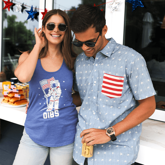 shop patriotic - models wearing women's dibs tank top and men's American pride button down shirt