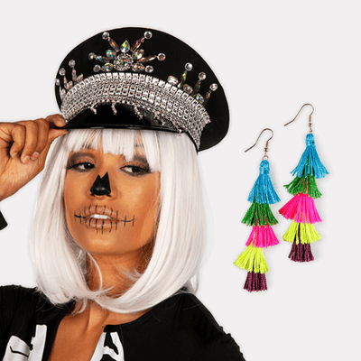 shop accessories - festival hat, short white wig, and pinata tassel earrings