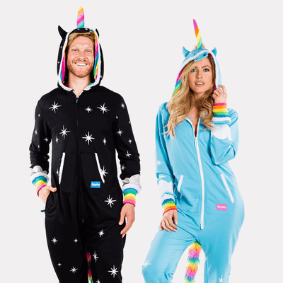 shop couples costumes - models wearing women's unicorn costume and mens night mare unicorn costume