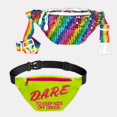 shop fanny packs - image of neon yellow DARE fanny pack and sequin rainbow fanny pack