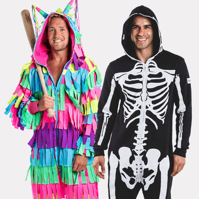 shop costumes - models wearing men's pinata and men's skeleton jumpsuit costumes